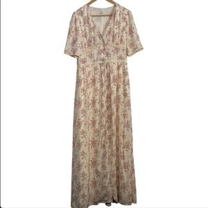 Lucca Vintage Floral Cream & Pink Button Front Maxi Dress Size Medium